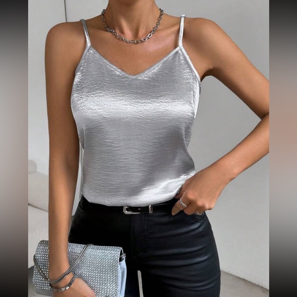 Luxe silver V neck satin cami top